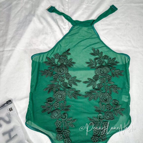 Shein Sheer Mesh Floral Embroidered Bodysuit Top Green - Picture 4 of 9